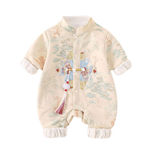 婴儿衣服男宝春装双层中国风外出服小月龄宝宝连体衣春秋款新中式