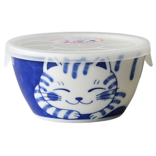 西田木雨 猫咪带盖保鲜碗 冰箱收纳露营防尘可微波进口陶瓷小碗