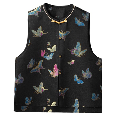 晴春戏蝶宋锦桑蚕丝新中式对襟马甲外套真丝国风上衣开衫外搭秋女