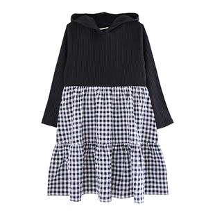 ILOVEJ童装黑白棋盘格连衣裙儿童秋装女童拼接连帽衫裙子/JUFOP11