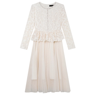 白鹿语千金风假两件网纱连衣裙26春新款长袖修身收腰A字温柔长裙