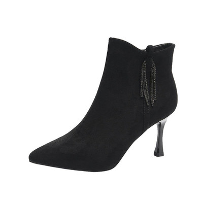 法式小踝靴水钻流苏加绒高跟短靴