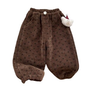 女童秋冬季新款洋气宝宝收口灯笼裤长裤加绒一体绒灯芯绒圆点裤子