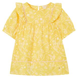 【100%棉】eland kids衣恋童装女童衬衫夏季印花圆领荷叶边短袖