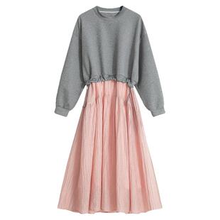 稀有概率 粉妆灰裳 2025秋季独特设计感卫衣撞色拼接粉色连衣裙女