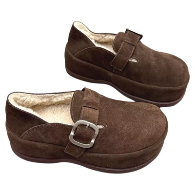 真皮女鞋厚底增高加绒勃肯鞋棉鞋