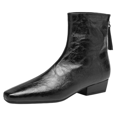 达芙妮短靴女平底瘦瘦黑色方头