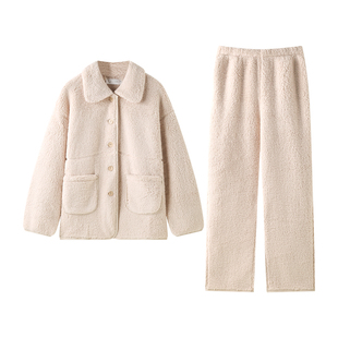 曼系“慵懒圈圈”羊羔绒睡衣女秋冬季宽松保暖毛绒加厚家居服套装