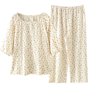 春夏薄款纯棉泡泡棉纱布套头甜美碎花七分袖七分裤家居服睡衣套女