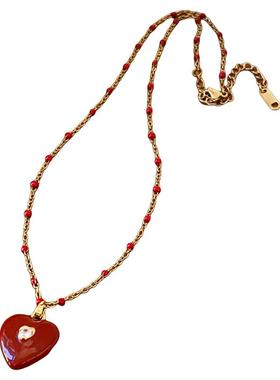 红色微镶爱心吊坠串珠毛衣项链
