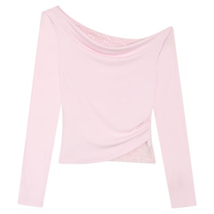 MULVAN 拼接蕾丝针织荡领上衣内搭打底衫女设计感修身长袖斜肩t恤