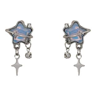 ins冷淡风气质月光石五角星蚊香盘耳夹女无耳洞耳环925针耳钉耳饰