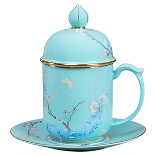 高淳陶瓷春华水杯陶瓷高档礼盒装办公个人带盖水杯手工送礼茶杯装