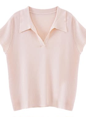 Basic House/百家好夏季薄款Polo领纯色针织短袖宽松显瘦正肩上衣