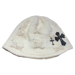 秋冬款复古皮十字架徽章毛线堆堆帽保暖毛绒休闲百搭水桶针织帽潮