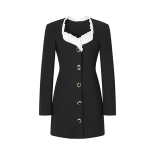 【伏月吟诗】Uena黑色拼接镂空花边方领收腰显瘦长袖连衣裙带垫肩