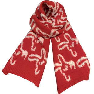 happy小兔毛绒绣红色针织围巾女新年氛围感冬季保暖百搭毛线围脖