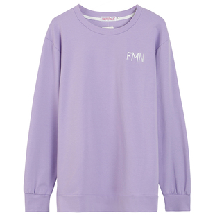 IU李智恩明星同款紫色圆领字母刺绣宽松长袖落肩T恤卫衣女潮上衣