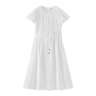 森马连衣裙女夏泡泡袖收腰肌理长裙2026新款优雅慵懒度假风小白裙