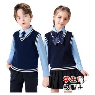 罗蒙儿童校园服春秋小学生毛衣男童女童针织马甲背心套装学院风