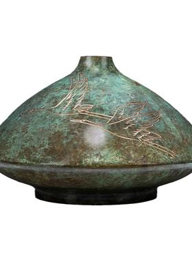 铜师傅高冈铜器扁花瓶双鹤花瓶茶艺茶台复古怀旧日式茶道小号