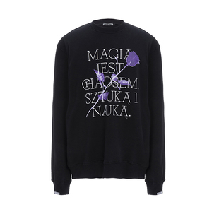 Addressunknown原创紫玫瑰字母印花圆领宽松情侣男女黑色套头卫衣