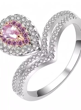 莫桑戒指水滴粉钻梨形双层