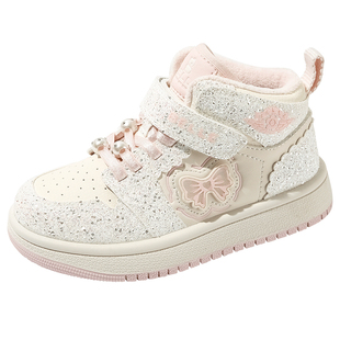 百丽童鞋加绒保暖运动鞋女童时尚高帮板鞋冬季女孩保暖宝宝二棉鞋