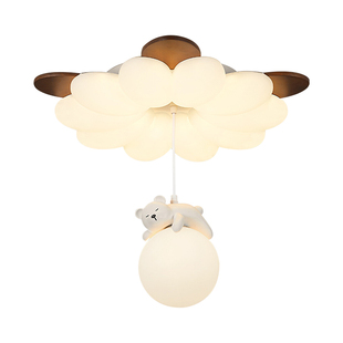 法式奶油风小熊儿童房吸顶灯中古胡桃木纹花朵全光谱卧室吸顶灯