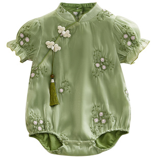 婴儿衣服夏季薄款女宝宝绿色国风新中式百天周岁新生儿夏装包屁衣