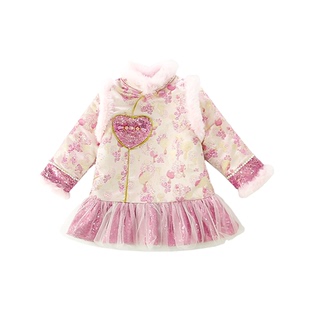 女童公主风连衣裙冬装2025刺绣网纱拼接旗袍裙粉色长裙新年拜年服