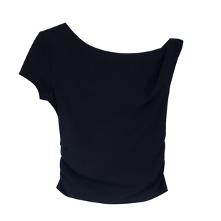 pusumede心机露肩~斜肩扭结短袖T恤女设计感气质修身短款针织上衣