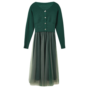 秋水伊人甜美针织衫吊带网纱裙套装2025冬季新款女复古百搭两件套