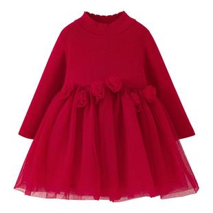 迷你巴拉巴拉女童新年连衣裙2025秋冬新款童装宝宝红色针织网纱裙