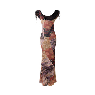 4muggle【液态美神】新中式荡领鱼尾裙包臀印花网纱连衣裙长裙女