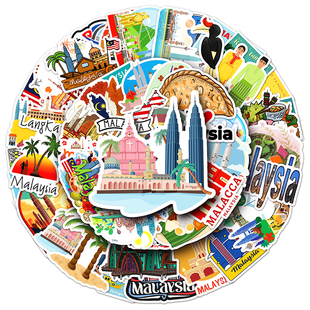 50张马来西亚Malaysia贴画户外风景国家标识摩托车手账本标签贴纸