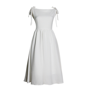 JU定制赫本风连衣裙复古小白裙中长款一字领蝴蝶结绑带无袖礼服裙