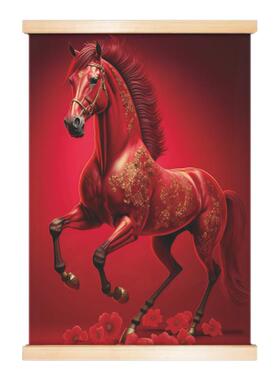红马挂画客厅红色骏马图装饰办公室马到成功汗血宝马实木卷轴金马
