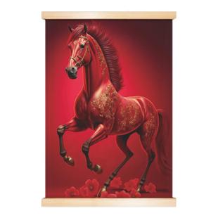 红马挂画客厅红色骏马图装饰办公室马到成功汗血宝马实木卷轴金马