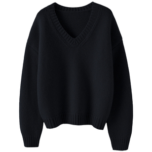 文艺空灵~重磅加厚粗棒针V领山羊绒衫女纯羊绒毛衣针织衫宽松秋冬