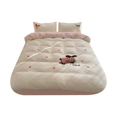 ins卡通米白加厚羊仔绵绒四件套