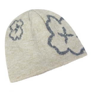 韩系提花珍珠小花针织帽女秋冬保暖含羊毛软糯冷帽显脸小毛线帽子