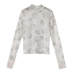 印花网纱打底衫女薄沙高领长袖防晒T恤内搭新款黑玫瑰冰丝上衣夏