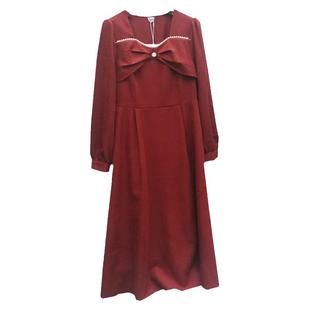 2025春秋连衣裙春季长裙女蝴蝶结订珠小个子红裙显瘦晚礼服气质