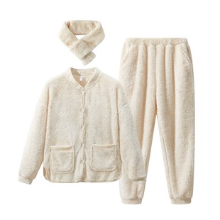 睡衣女珊瑚绒法兰绒2024秋冬季新款围脖三件套装软绵绵纯色加绒厚