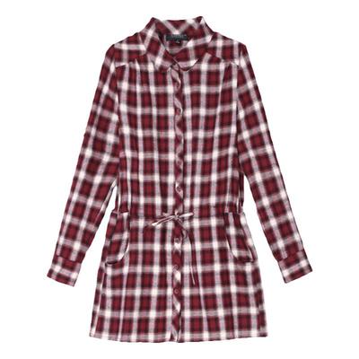 长袖纯棉格子衬衫抽绳收腰休闲