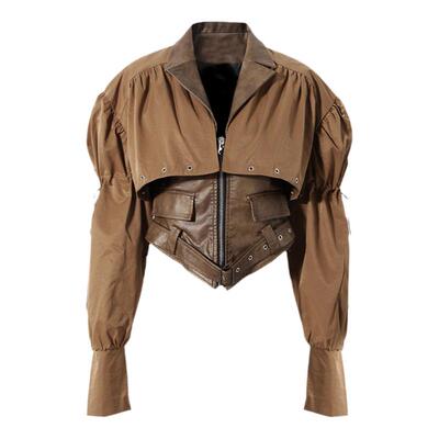 街头短外套PU收腰夹克上衣两件套