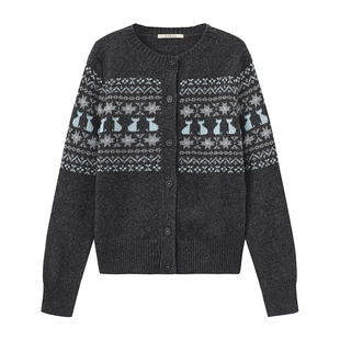 CUBIC复古猫咪趣味提花混纺开衫费尔岛红色针织衫短款毛衣EK2007