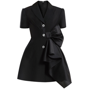 茬客气质御姐风西装裙25年夏季新款利落通勤不规则拼蝴蝶结小黑裙