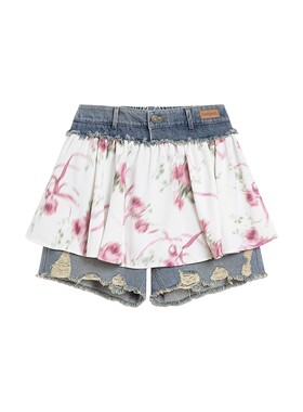 Desigual26春夏新品宽松模糊花卉印花拼接做旧破洞短款女式牛仔裤